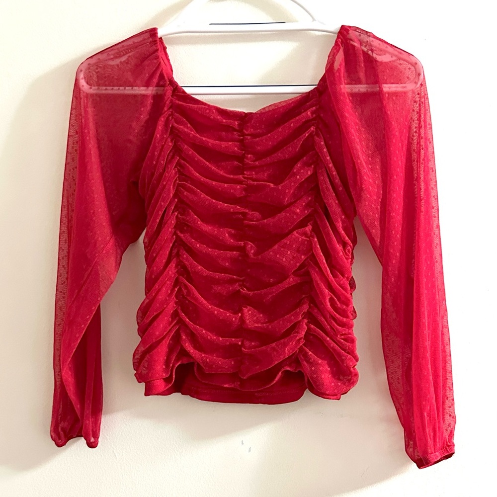 Art Class Red Ruched top size L((10-12) sheer sleeves